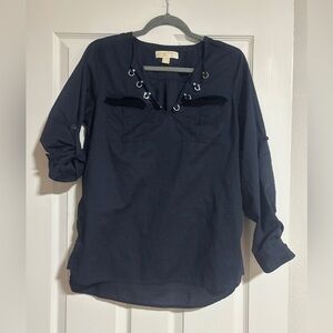 Michael Kors medium Navy Grommet Lace-Up Women's Top v neck